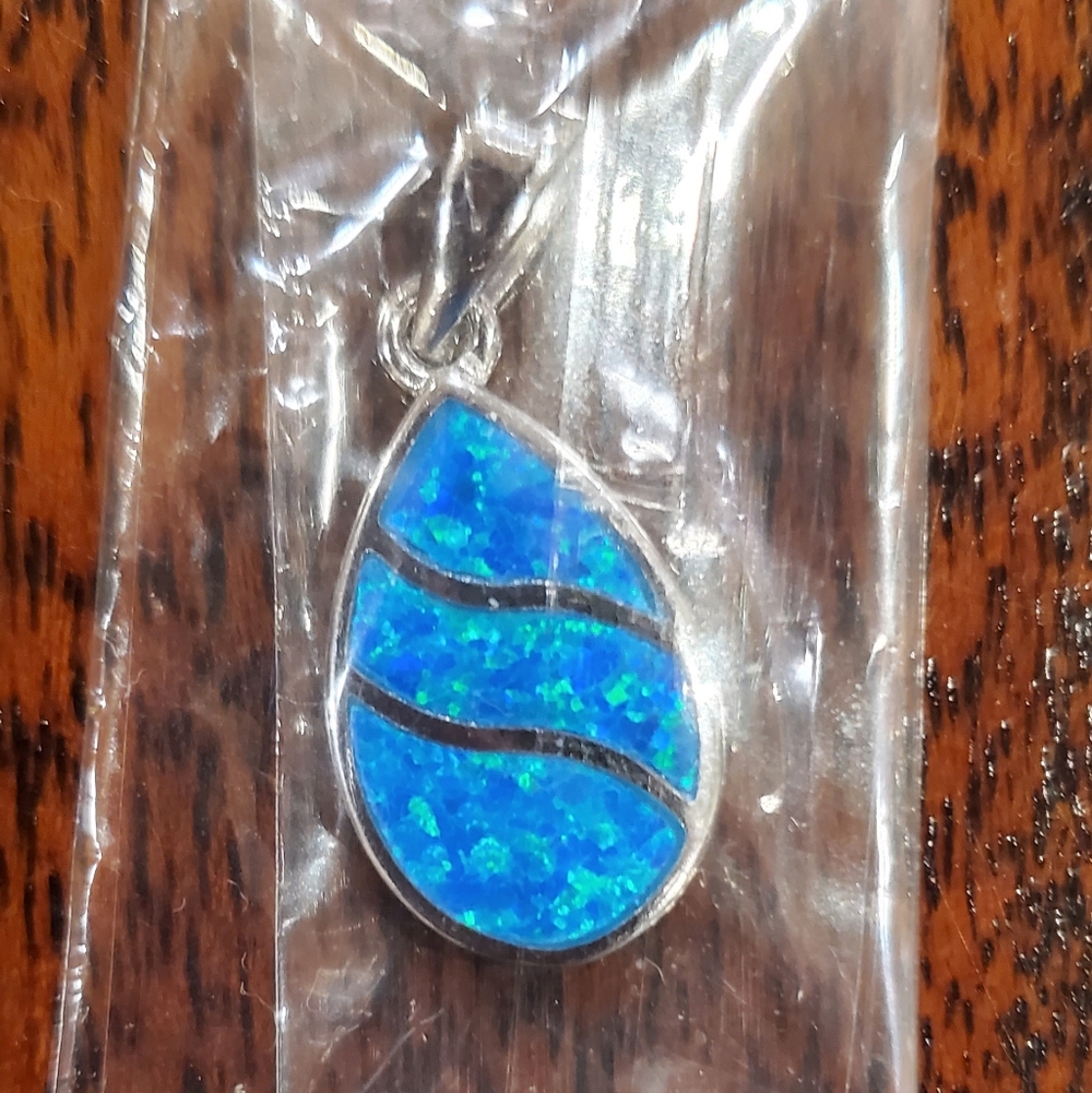 Blue Teardrop Fire Opal Pendant In 925 Sterling Silver Setting